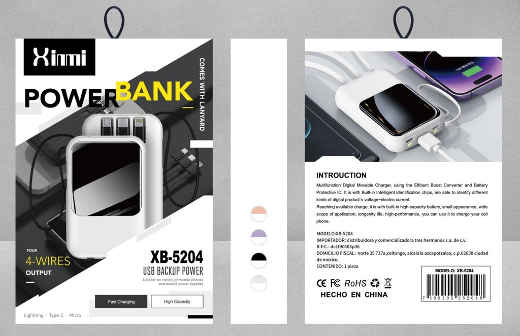 XB-5204 POWER BANK 3 CABLES DE SALIDA