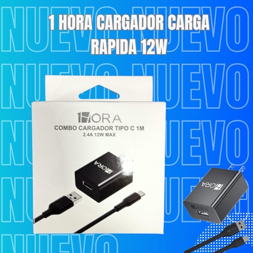 [GAR142] GAR142 1HORA CARGADOR 5V 2.4A TIPO C (NEGRO/BLANCO)